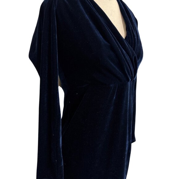 Collectif Vintage Navy Lexie Velvet Maxi Dress L UK 14 Long Sleeve Draped V-Neck - Picture 3 of 13